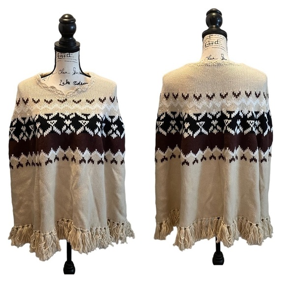 MODA INTERNATIONAL VS Sweater Shawl Brown XS Small Nordic Fair Isle Wool Fringe - Picture 13 of 13
